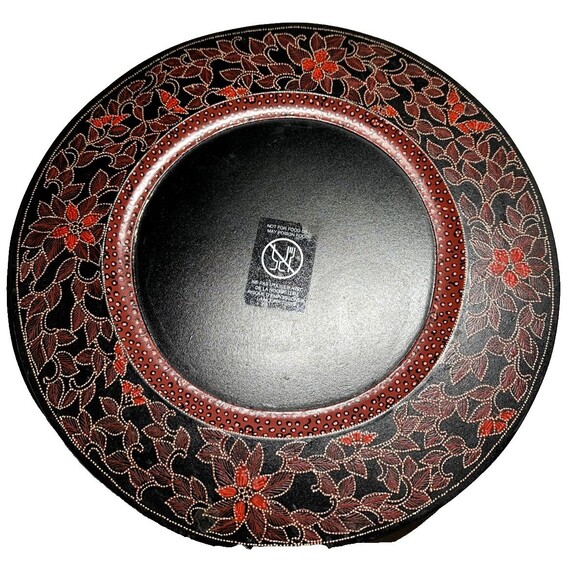 Pier 1 Large Round 13 inch 3 Decorative Wooden Charger Plates Red Black Floral - Picture 1 of 14